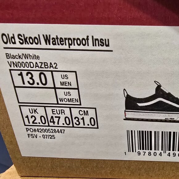 Vans Mte Old Skool Waterproof Black White VN000CVNBA2 Mens Size 13 Shoes NEW - Picture 12 of 12